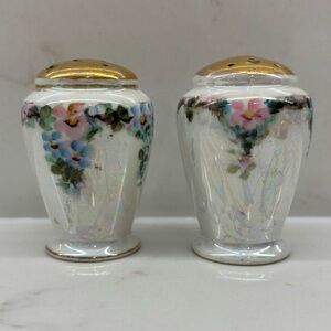 Antique Nippon Floral Iridescent Salt and Pepper Shakers with Gold Accents Japan